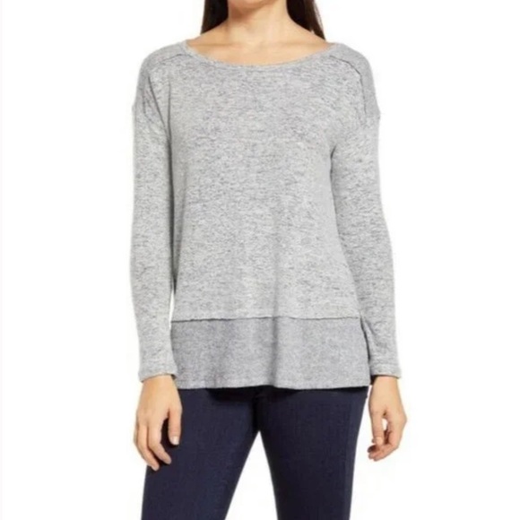 Bobeau Gray Long Sleeves Heather Layered Knit Side Slit Pullover Sweater Size S - Picture 3 of 11